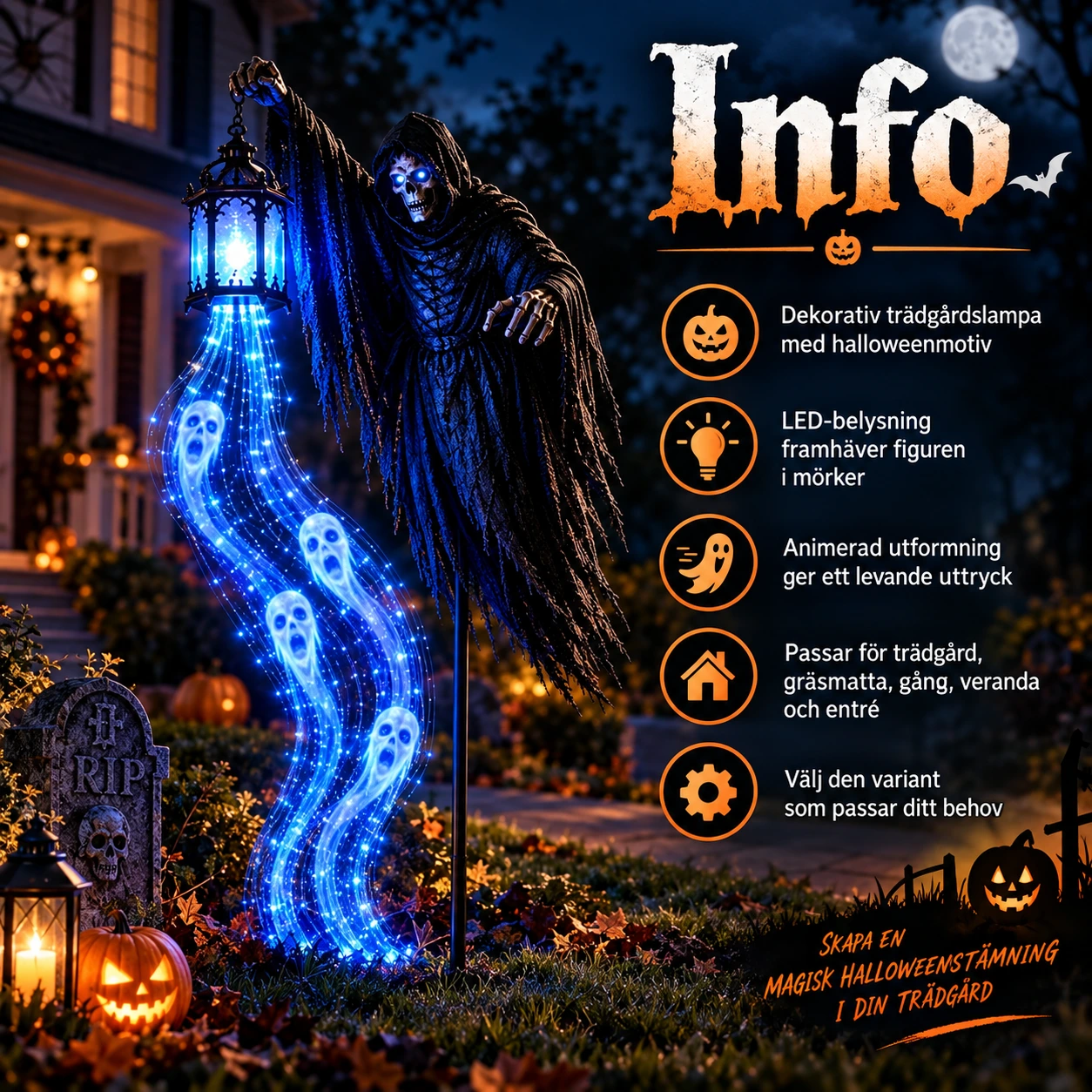 Halloween-puutarhavalaisin LED-valolla ja animoidulla aavehahmolla