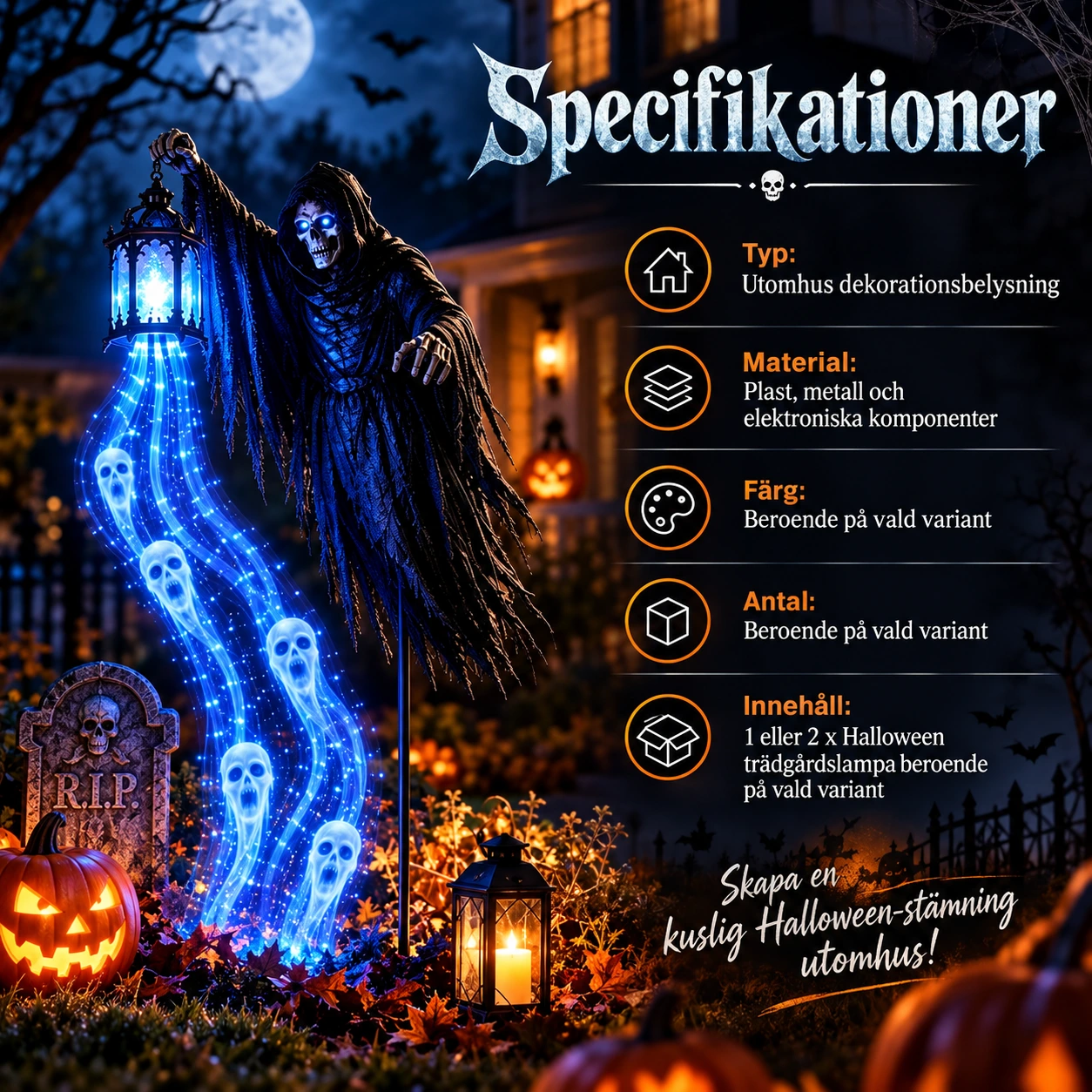 Halloween trädgårdslampa med LED och animerad spökfigur
