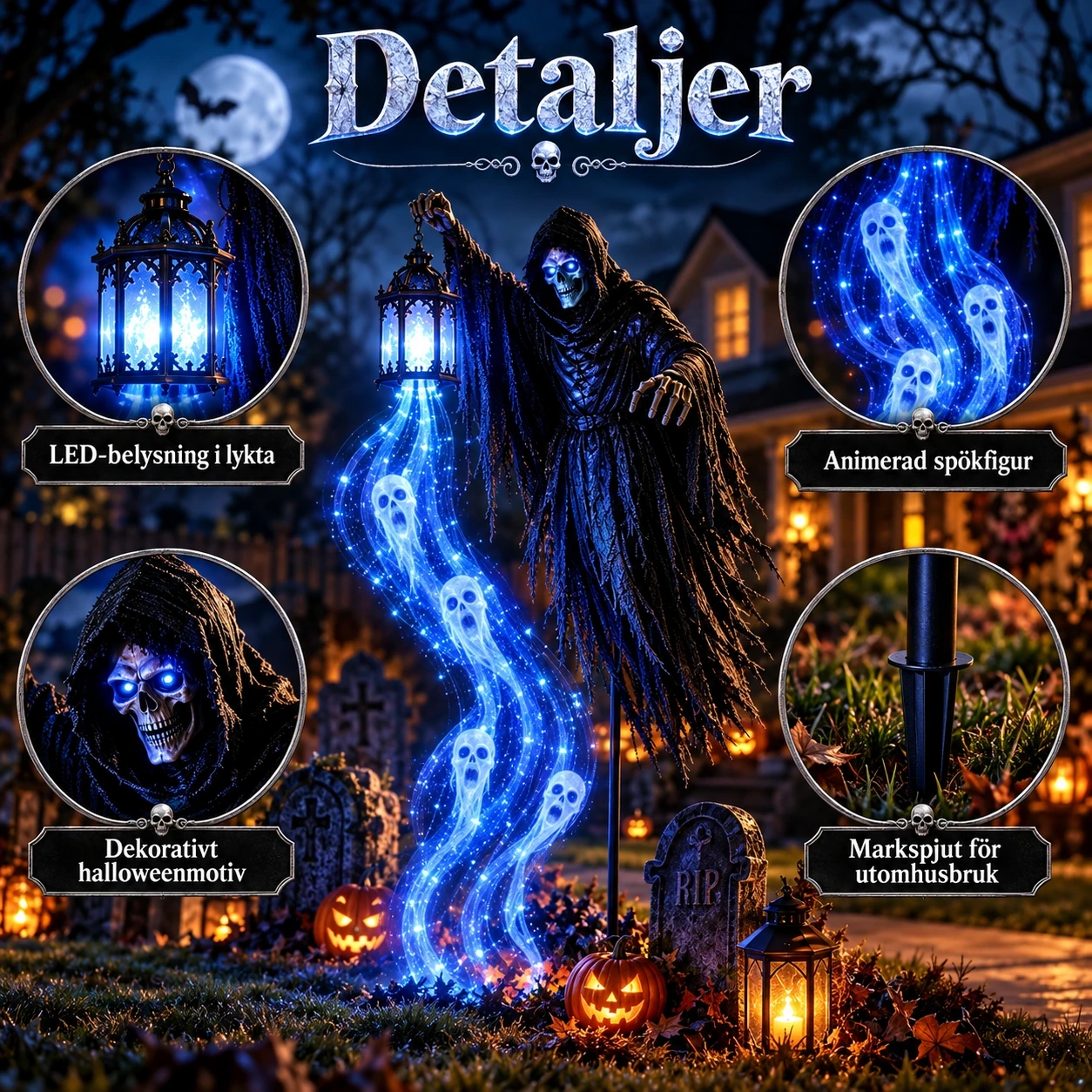 Halloween-puutarhavalaisin LED-valolla ja animoidulla aavehahmolla