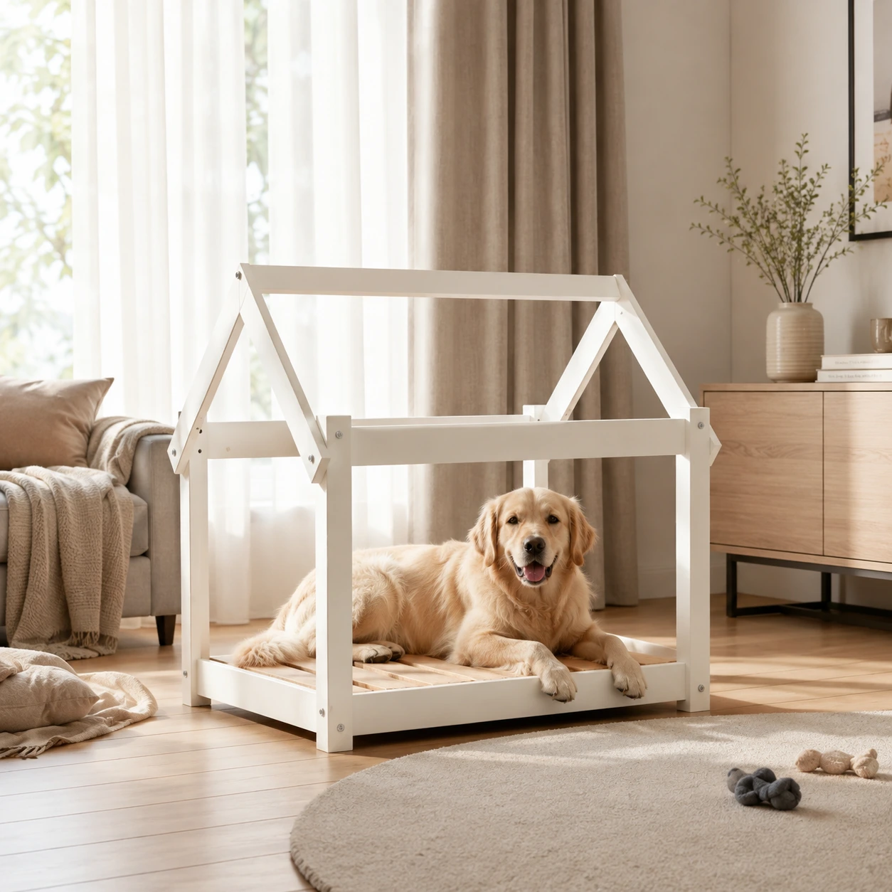 Hundsäng i massivt furuträ med ram