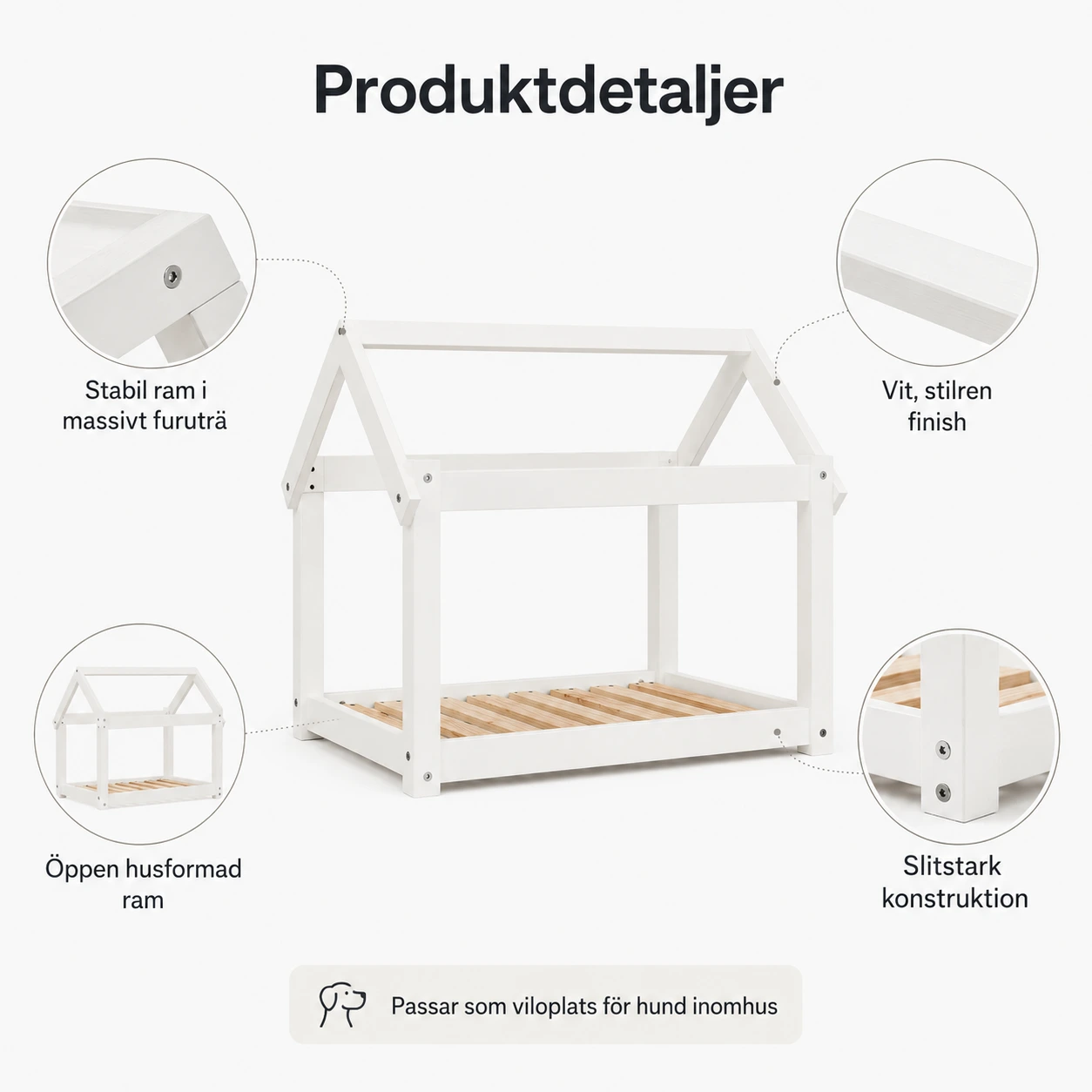 Hundsäng i massivt furuträ med ram