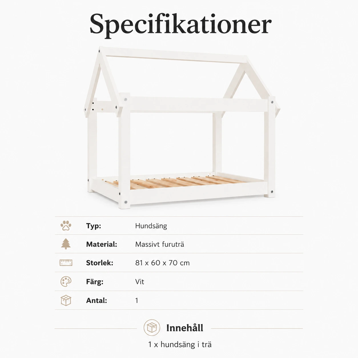 Hundsäng i massivt furuträ med ram