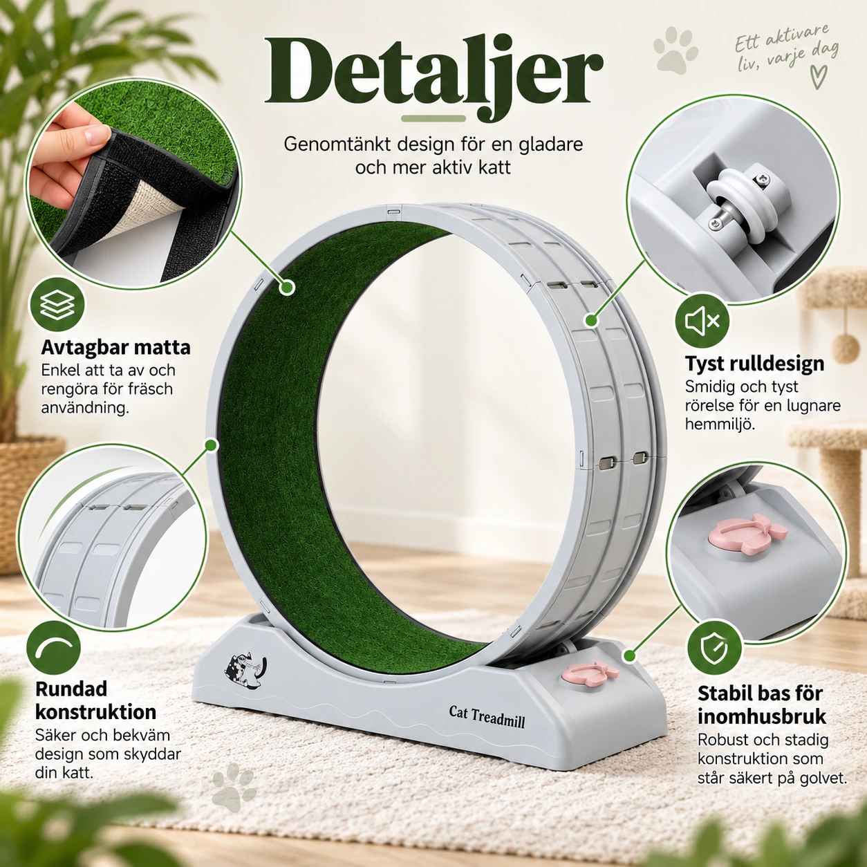 Kattlöpband med tyst rulle och avtagbar matta