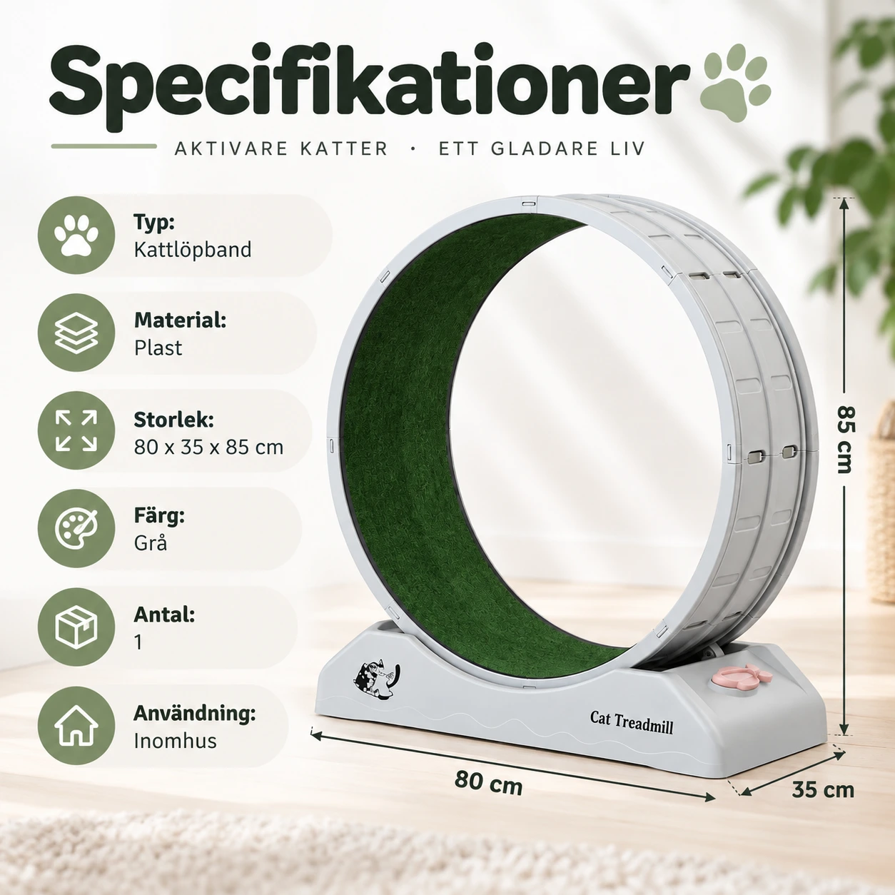 Kattlöpband med tyst rulle och avtagbar matta
