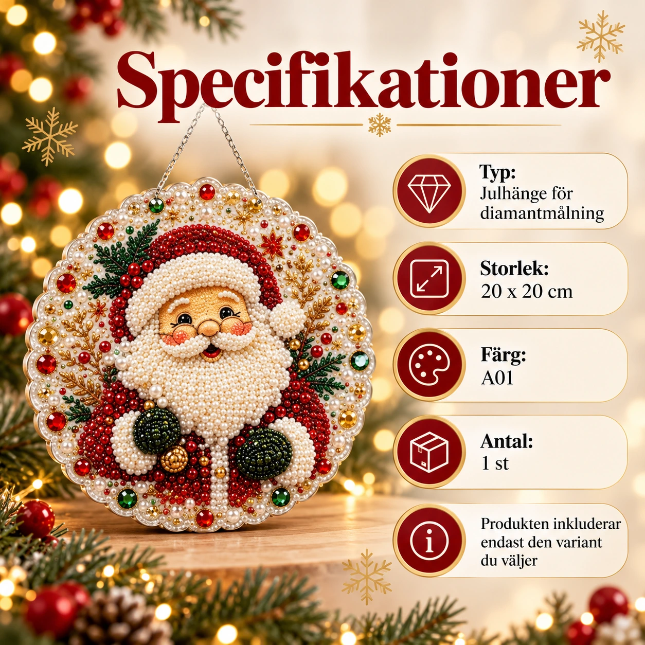 Diamantmålning julhänge med tomtemotiv, rund