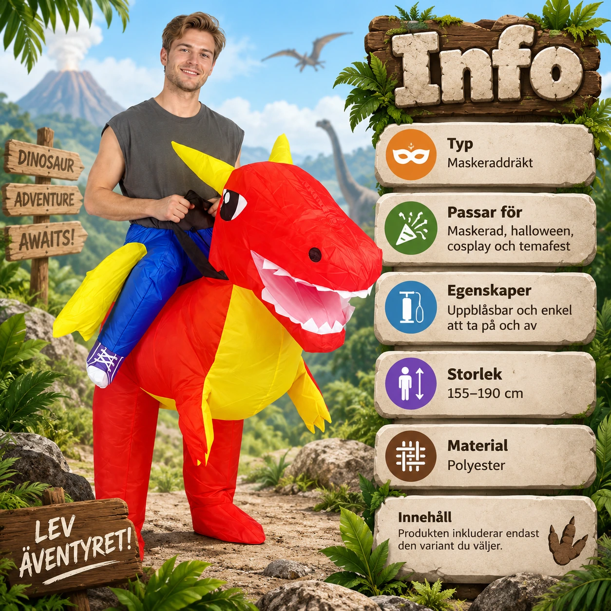 Uppblåsbar Röd och Gul Riddardrake Kostym för Vuxna