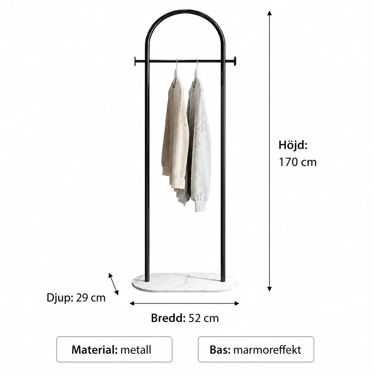 Klädställning i Svart Metall med Marmorbas 170 cm
