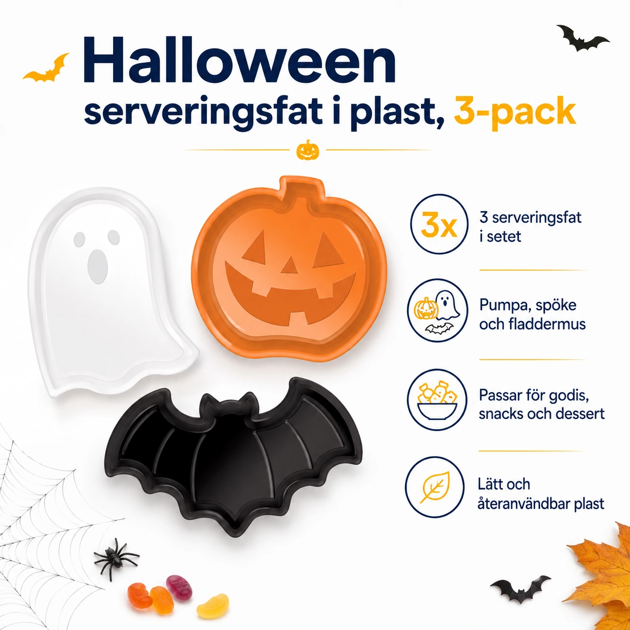 Halloween serveringsfat i plast, 3-pack