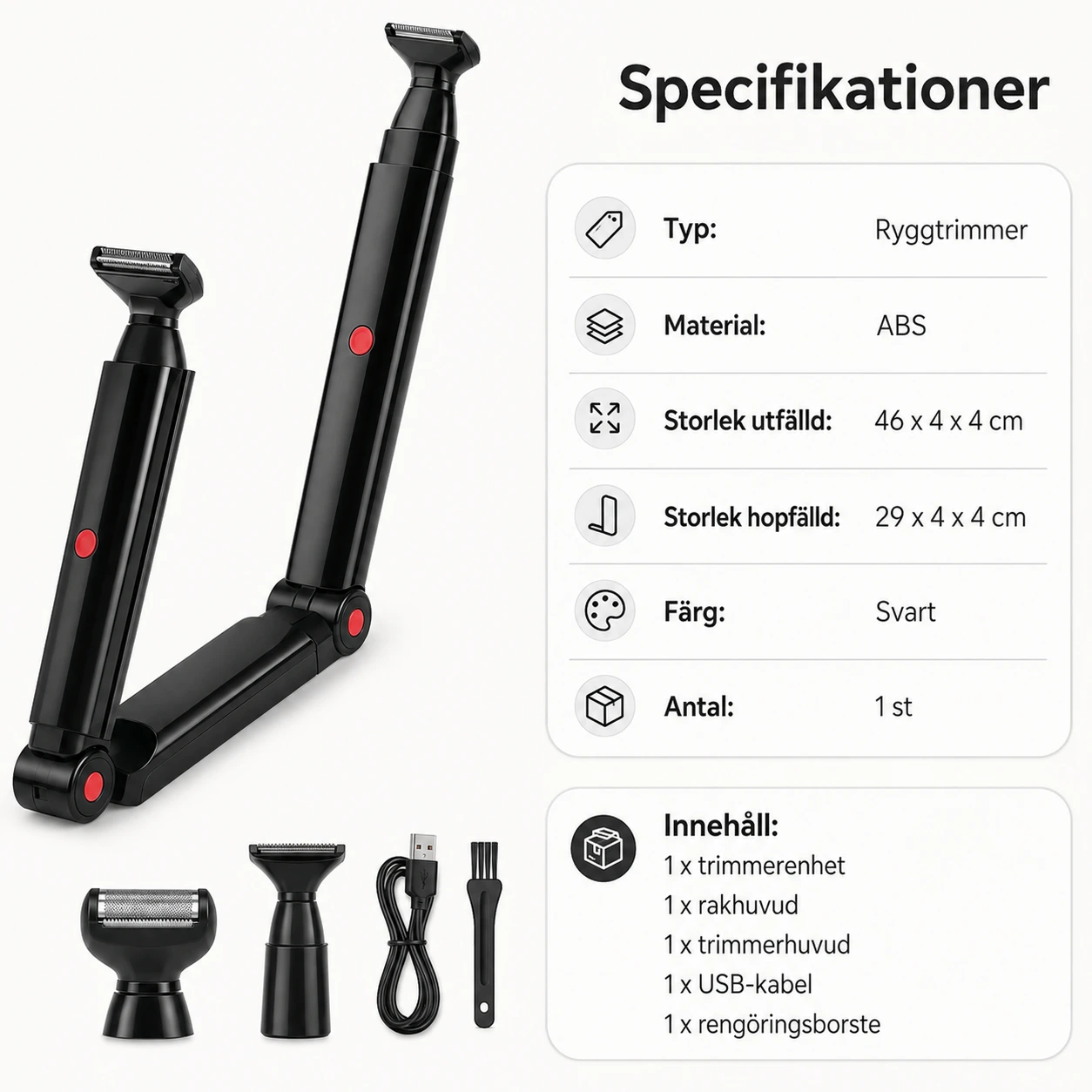 Ryggtrimmer och ansiktstrimmer med vikbart handtag