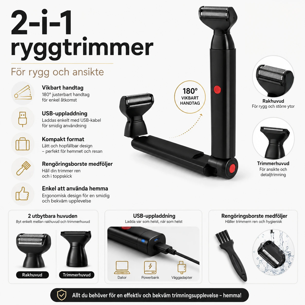 Ryggtrimmer och ansiktstrimmer med vikbart handtag