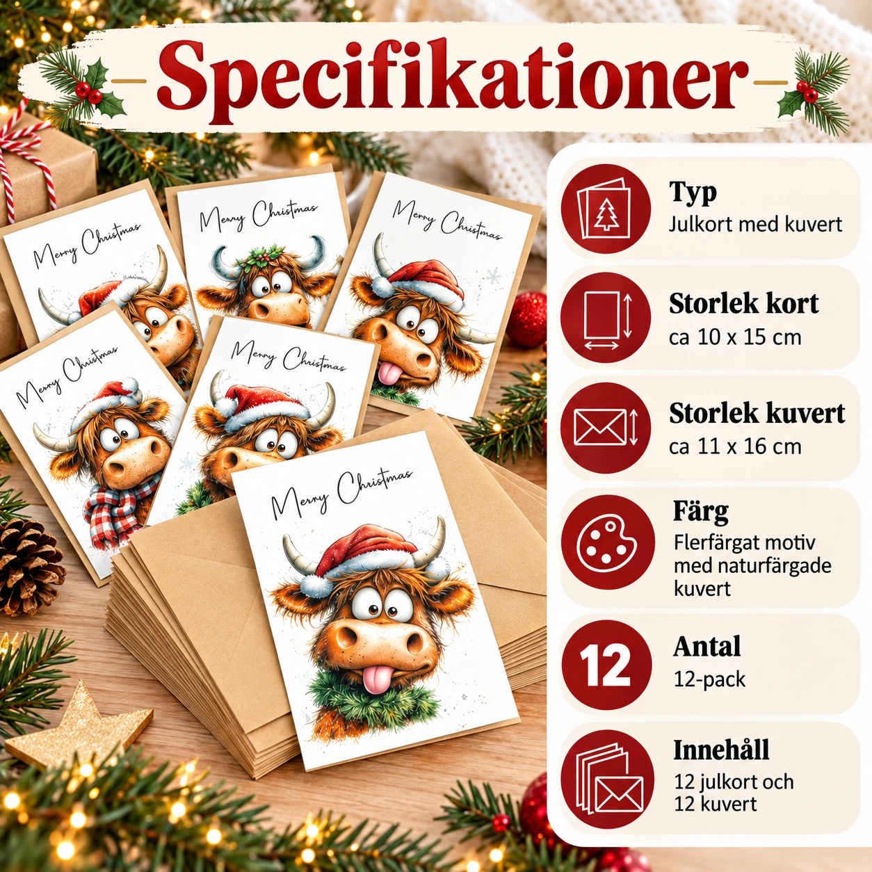 Julkort med kuvert, 12 delar