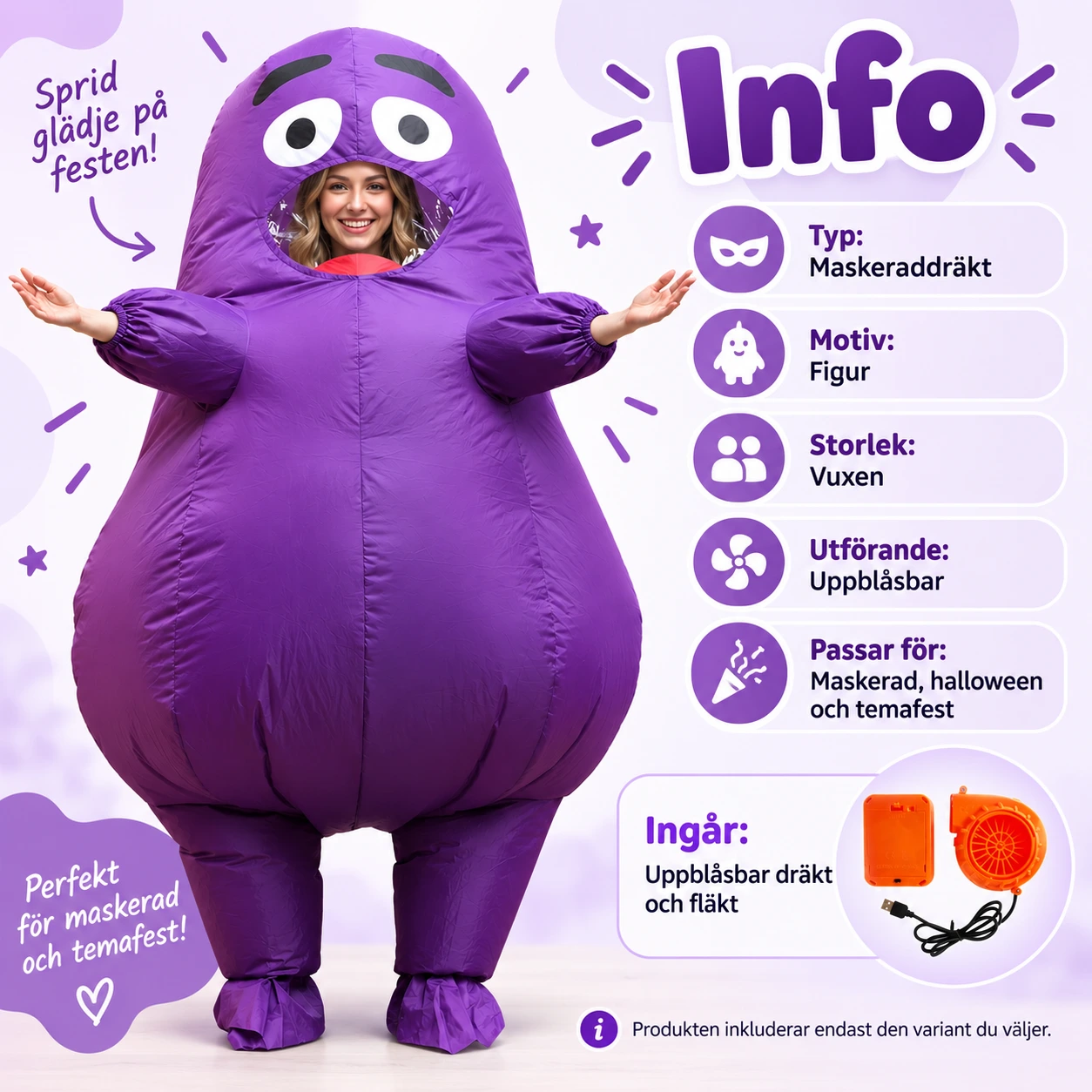 Uppblåsbar Lila Grimace Maskeraddräkt för Vuxna