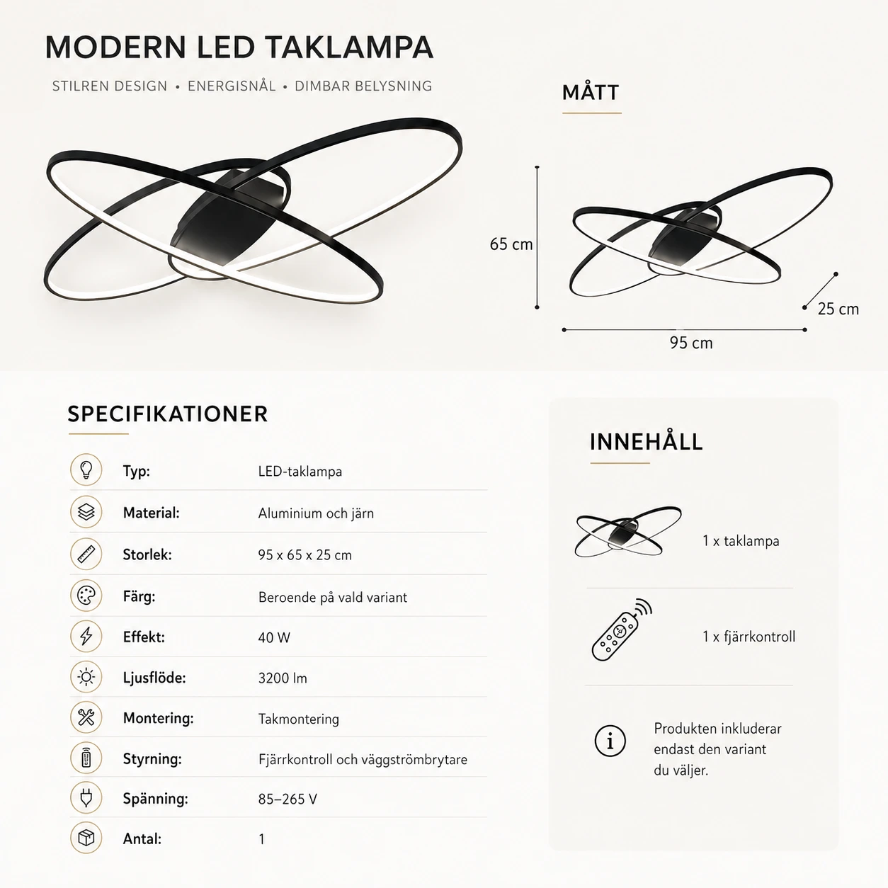 LED taklampa för sovrum och vardagsrum med fjärrkontroll