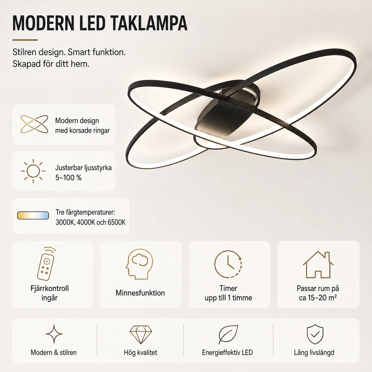 LED taklampa för sovrum och vardagsrum med fjärrkontroll