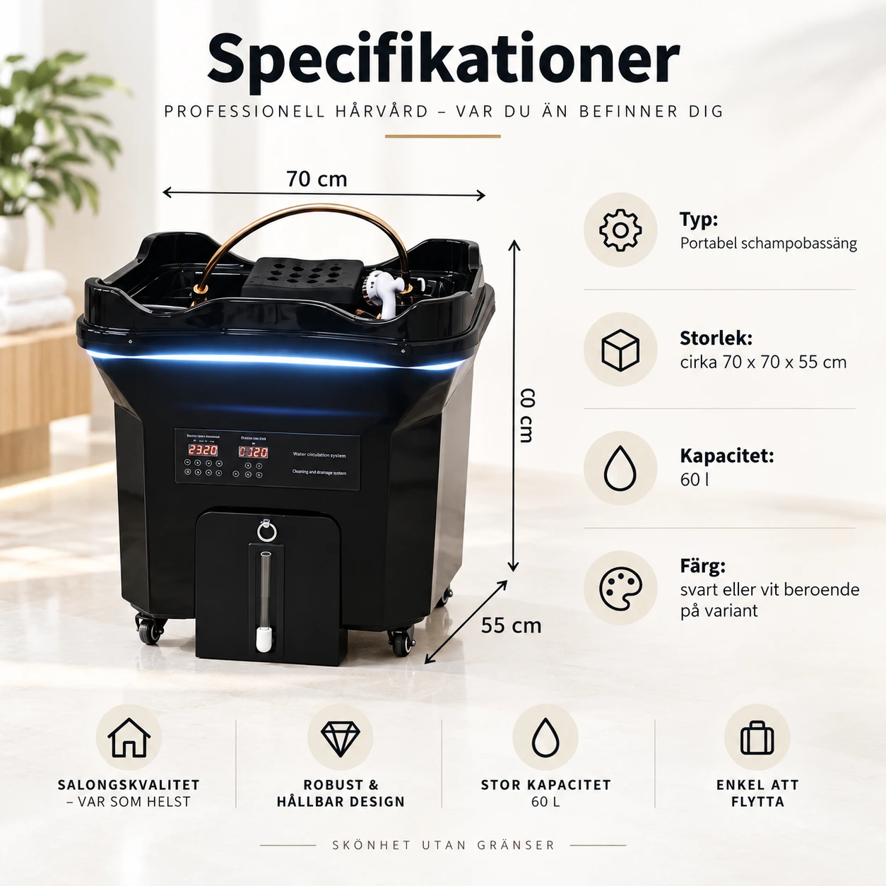 Portabel schampobassäng med 60 l vattentank och hjul