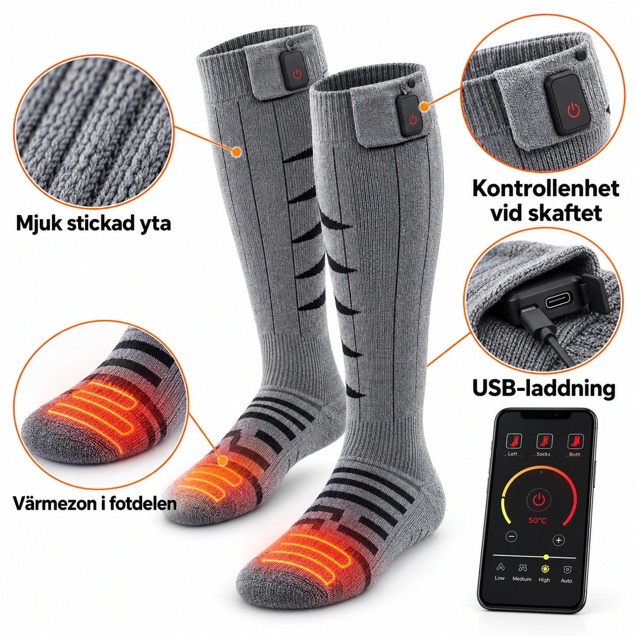 Uppvärmda strumpor med appstyrning och USB-laddning