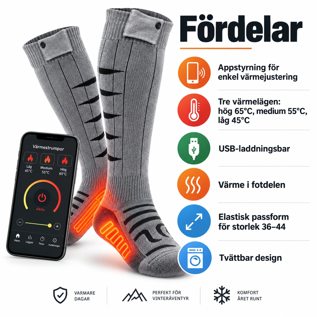 Uppvärmda strumpor med appstyrning och USB-laddning