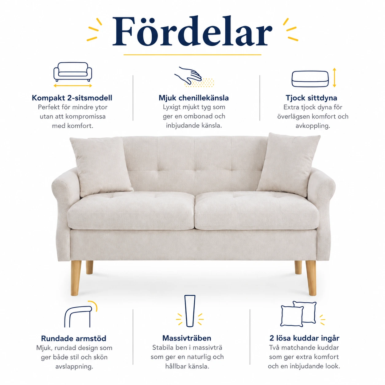 2-sits soffa för vardagsrum med tjock sittdyna