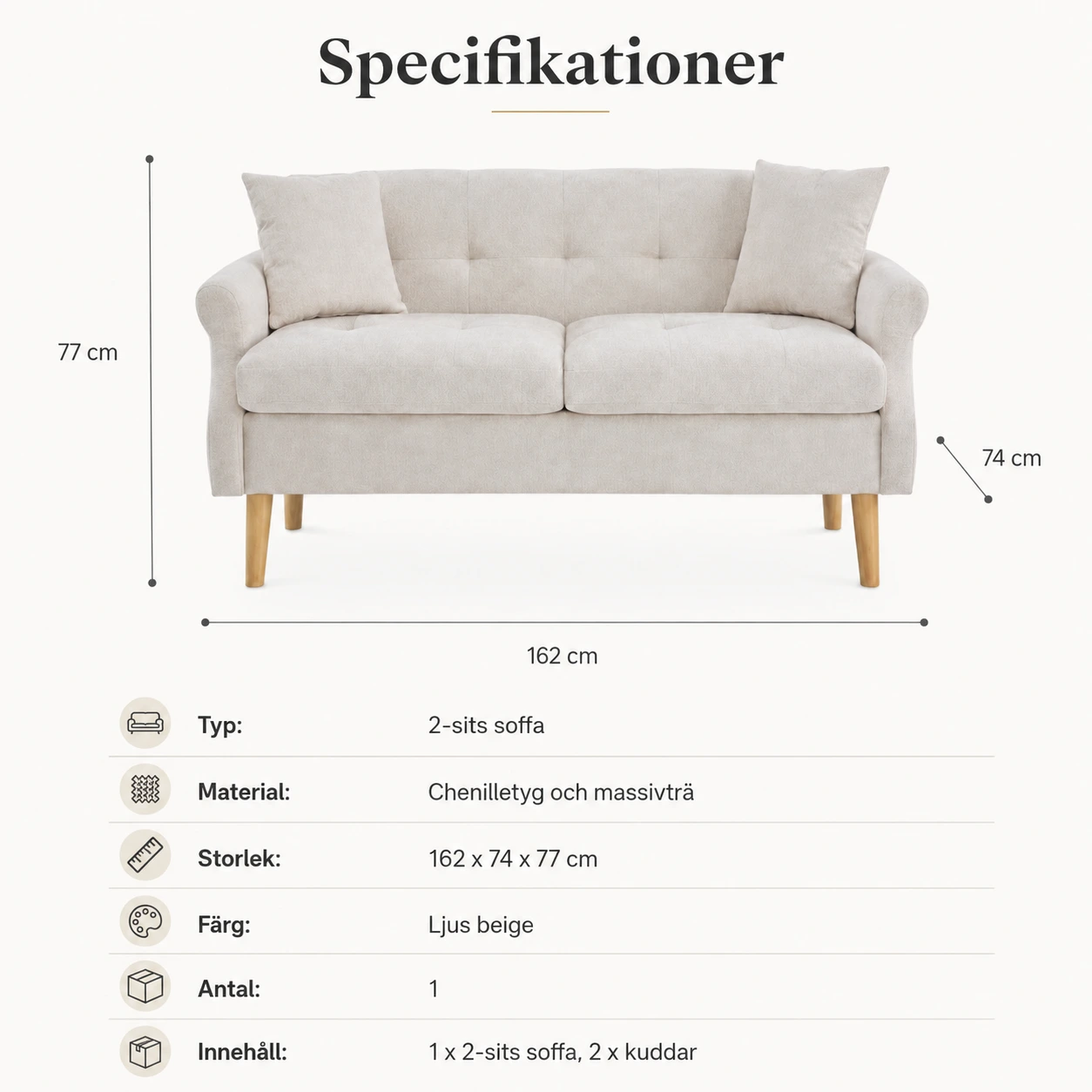 2-sits soffa för vardagsrum med tjock sittdyna