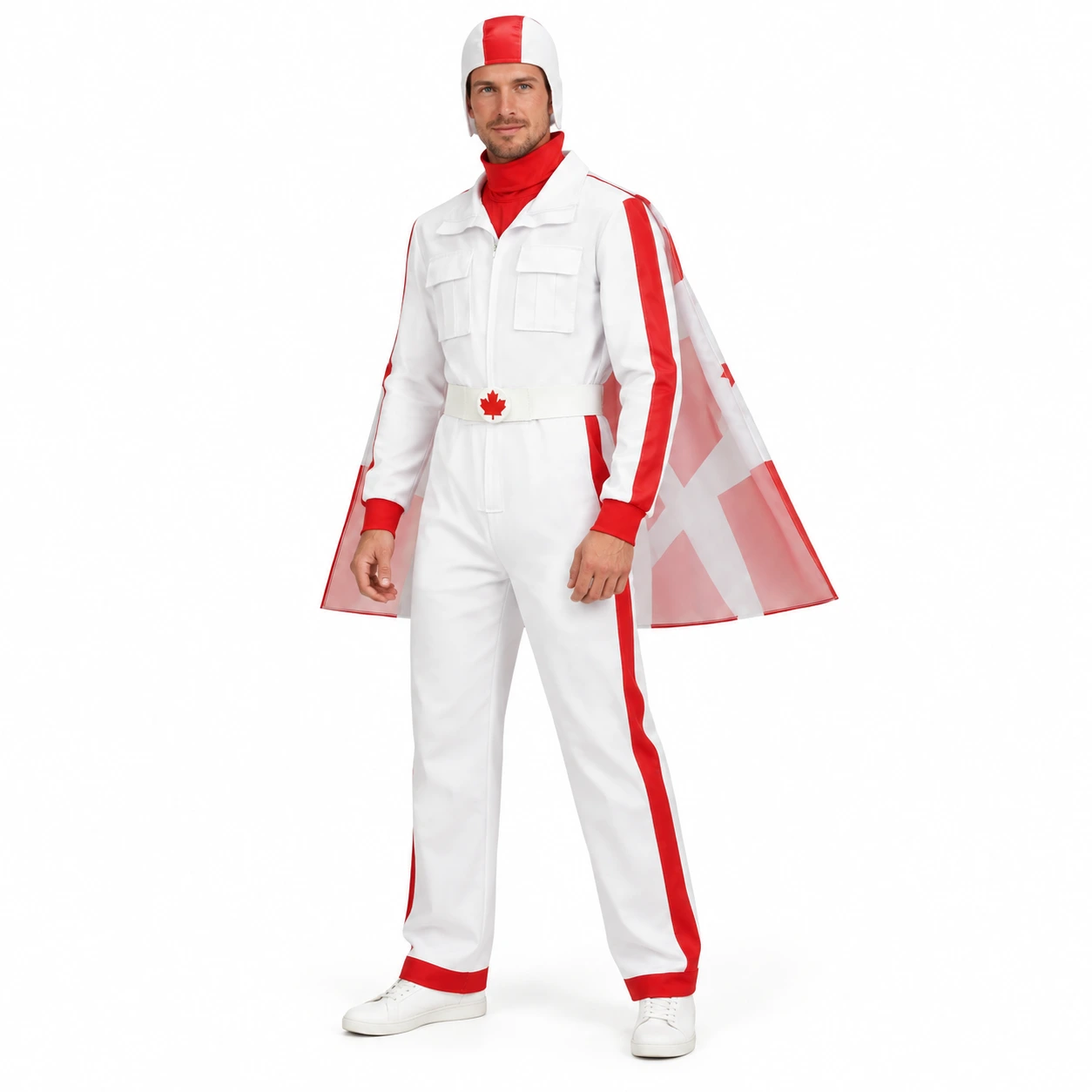Vit och Röd Stuntman Dräkt med Lönnlövsmantel