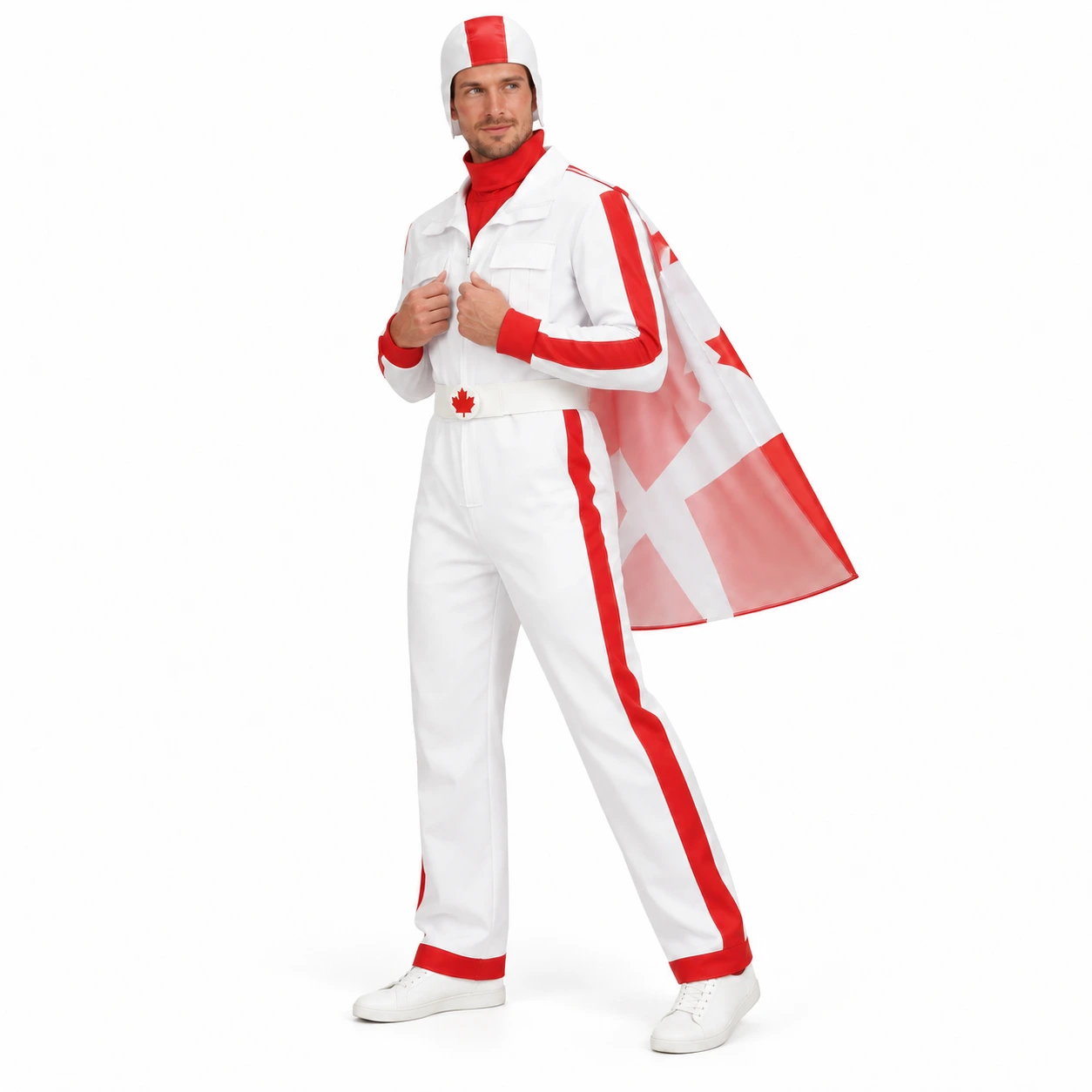 Vit och Röd Stuntman Dräkt med Lönnlövsmantel