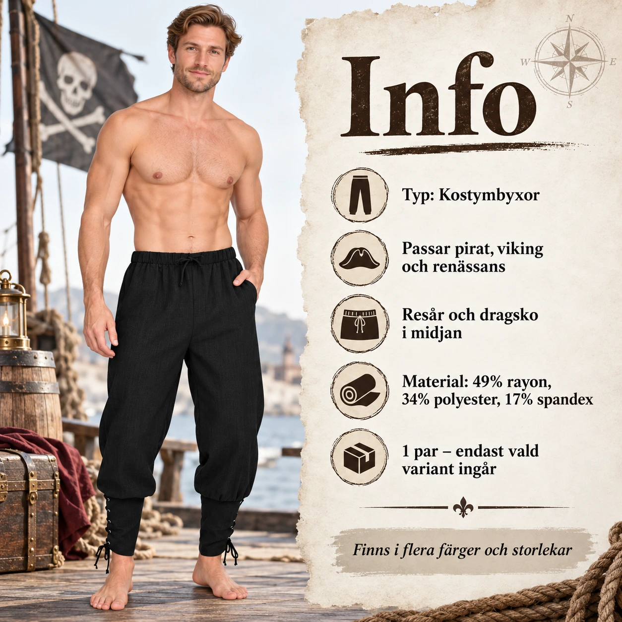 Piratbyxor för maskerad och cosplay med snörning vid ankeln