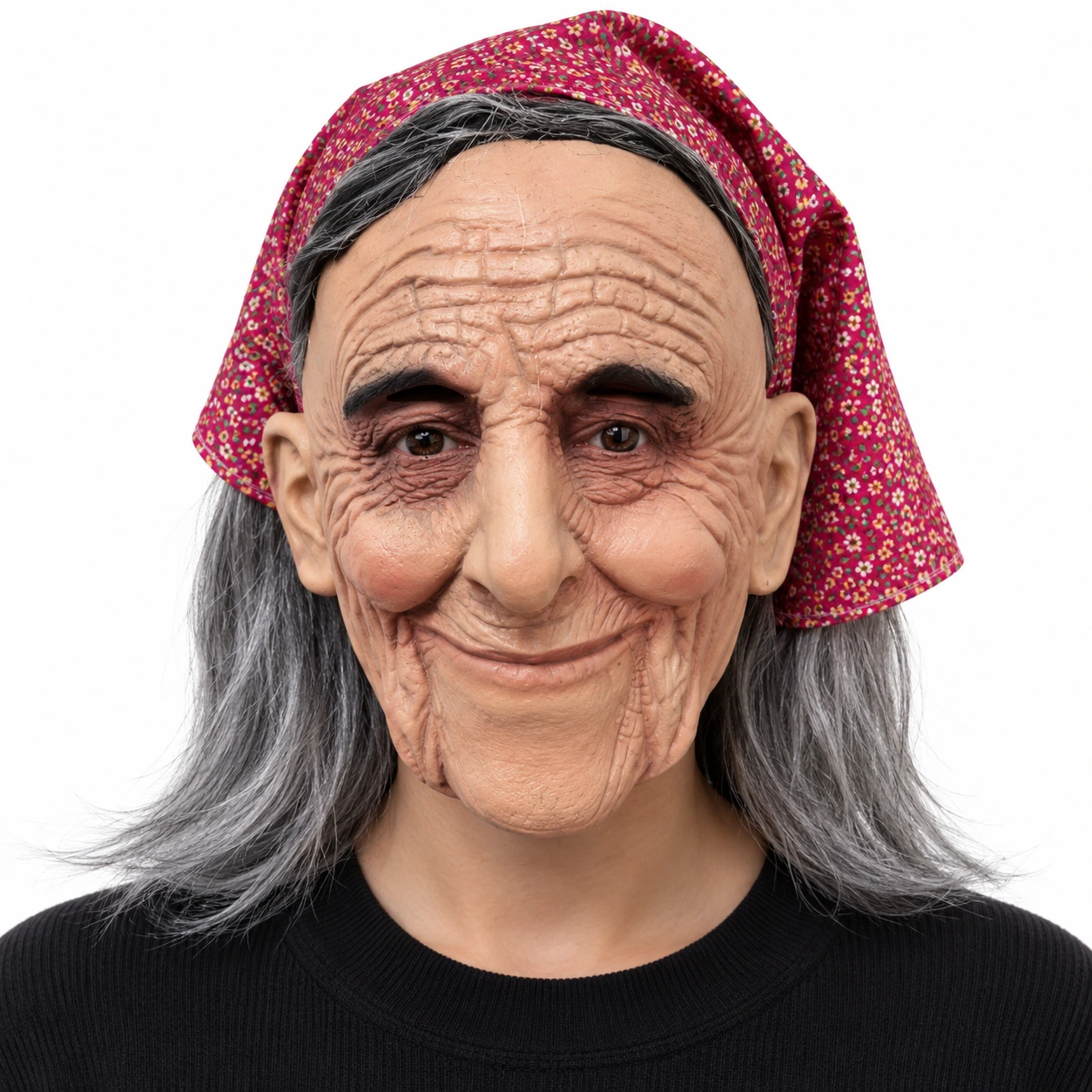 Mask gammal kvinna i latex med grått hår