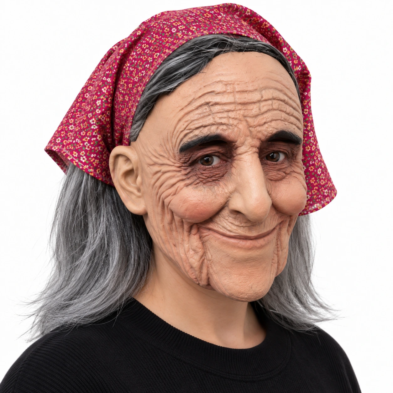 Mask gammal kvinna i latex med grått hår