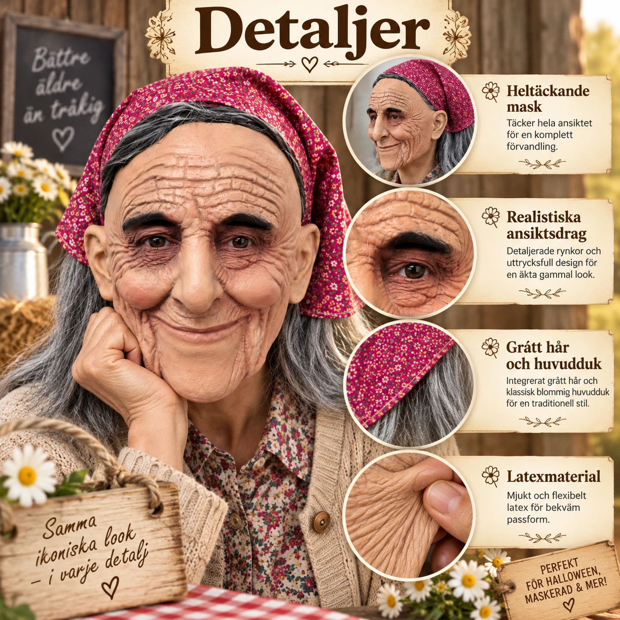 Mask gammal kvinna i latex med grått hår