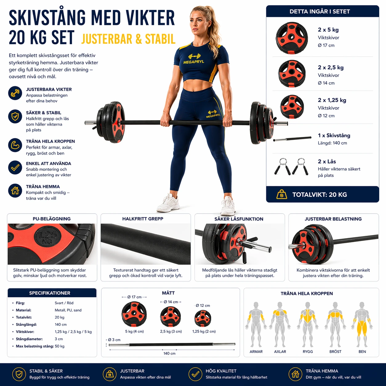 Skivstång med Vikter – 20 kg Set – Justerbar & Stabil