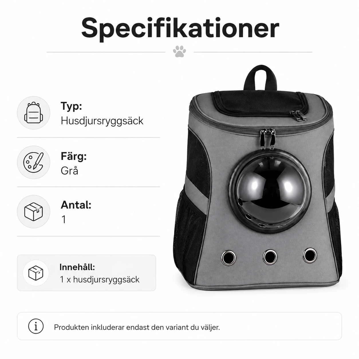 Ryggsäck för katt och hund med kupolfönster
