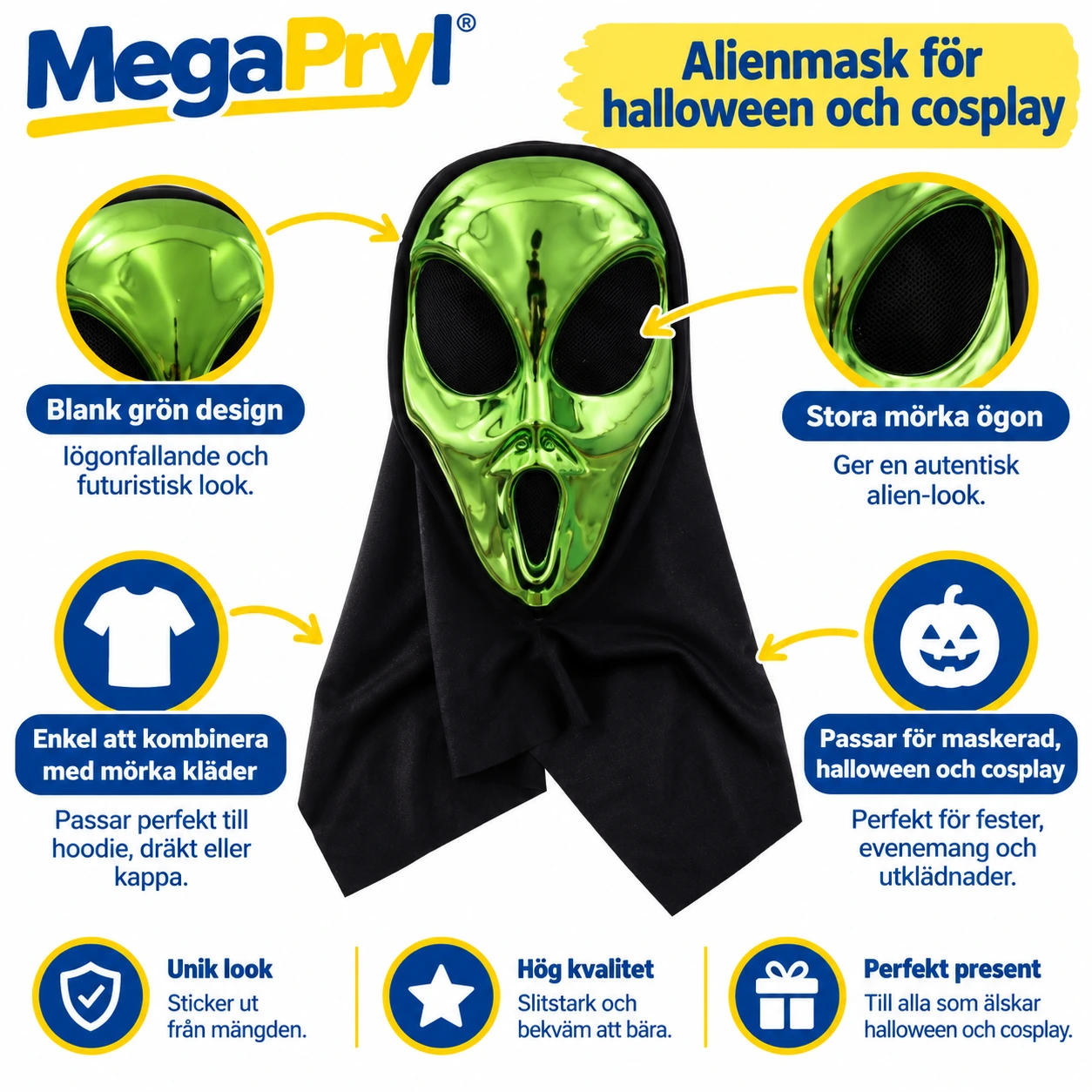 Alienmask för halloween och cosplay i grön plast