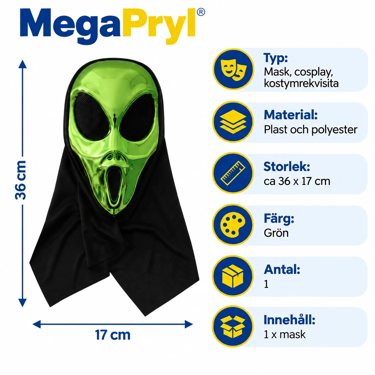 Alienmask för halloween och cosplay i grön plast