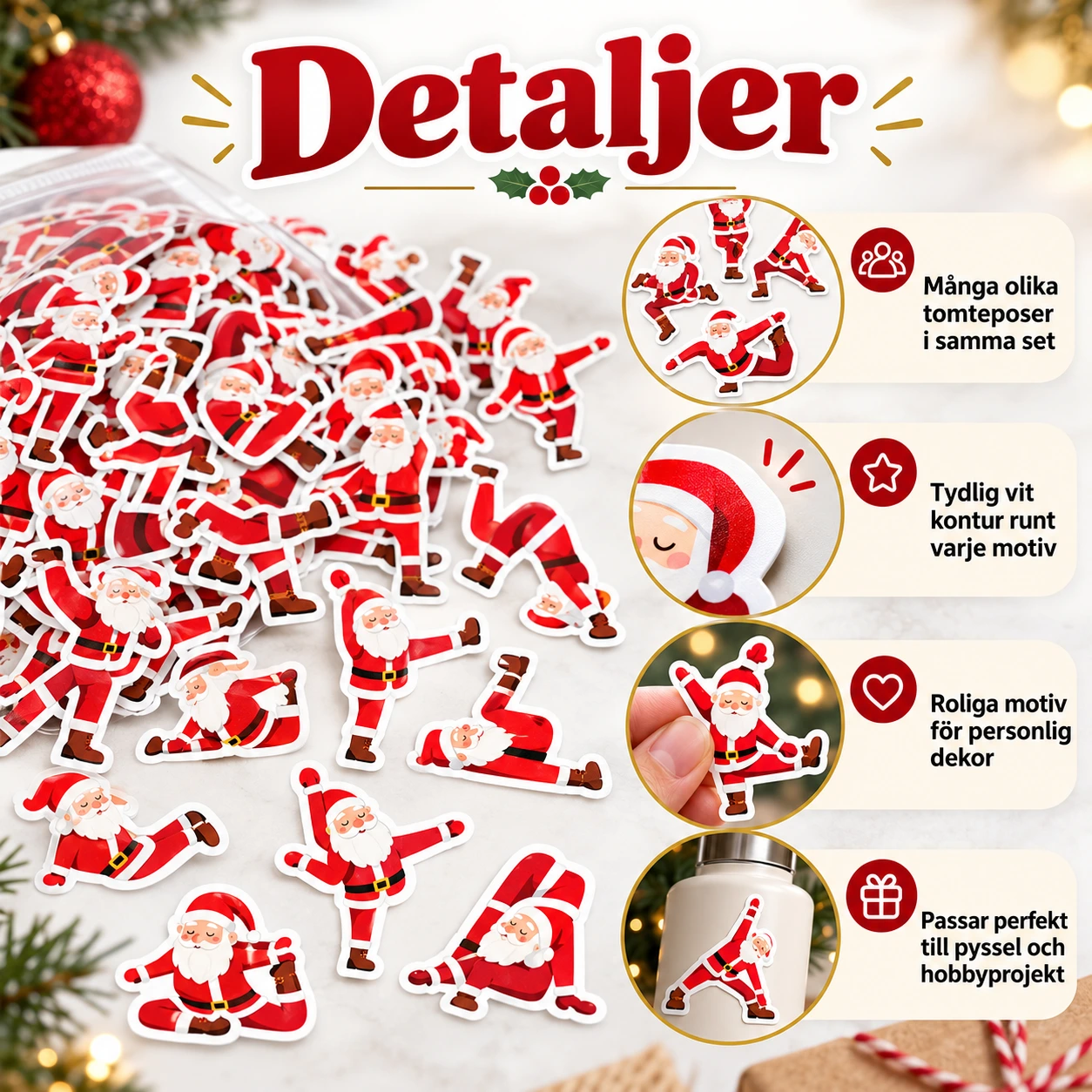 Klistermärken med yoga-jultomte, 50-pack