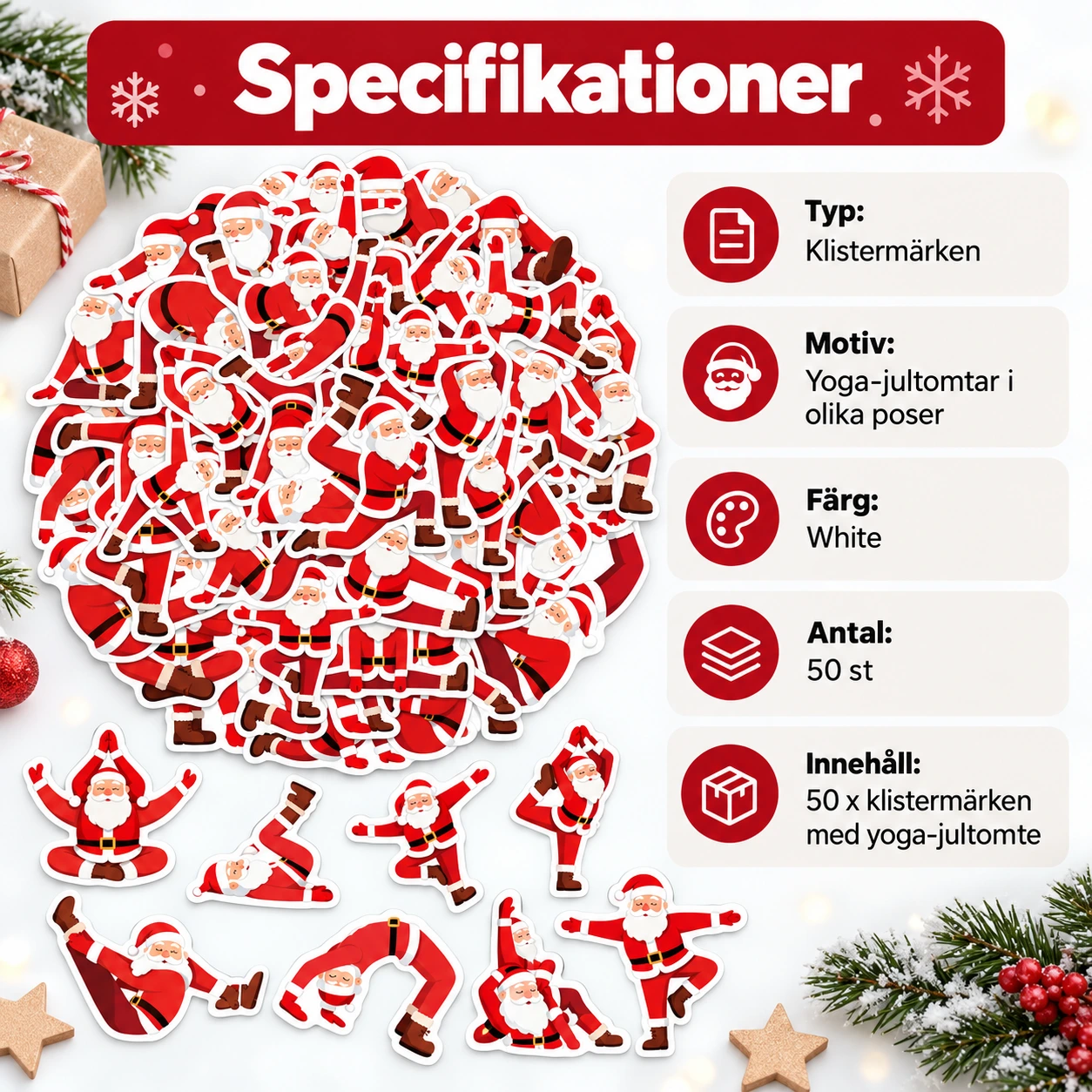Klistermärken med yoga-jultomte, 50-pack