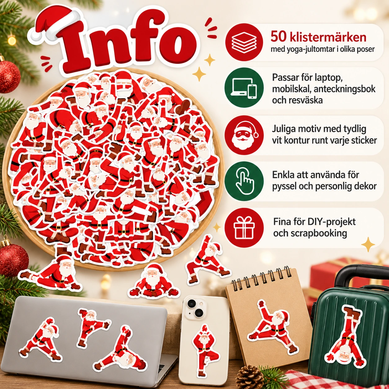 Klistermärken med yoga-jultomte, 50-pack