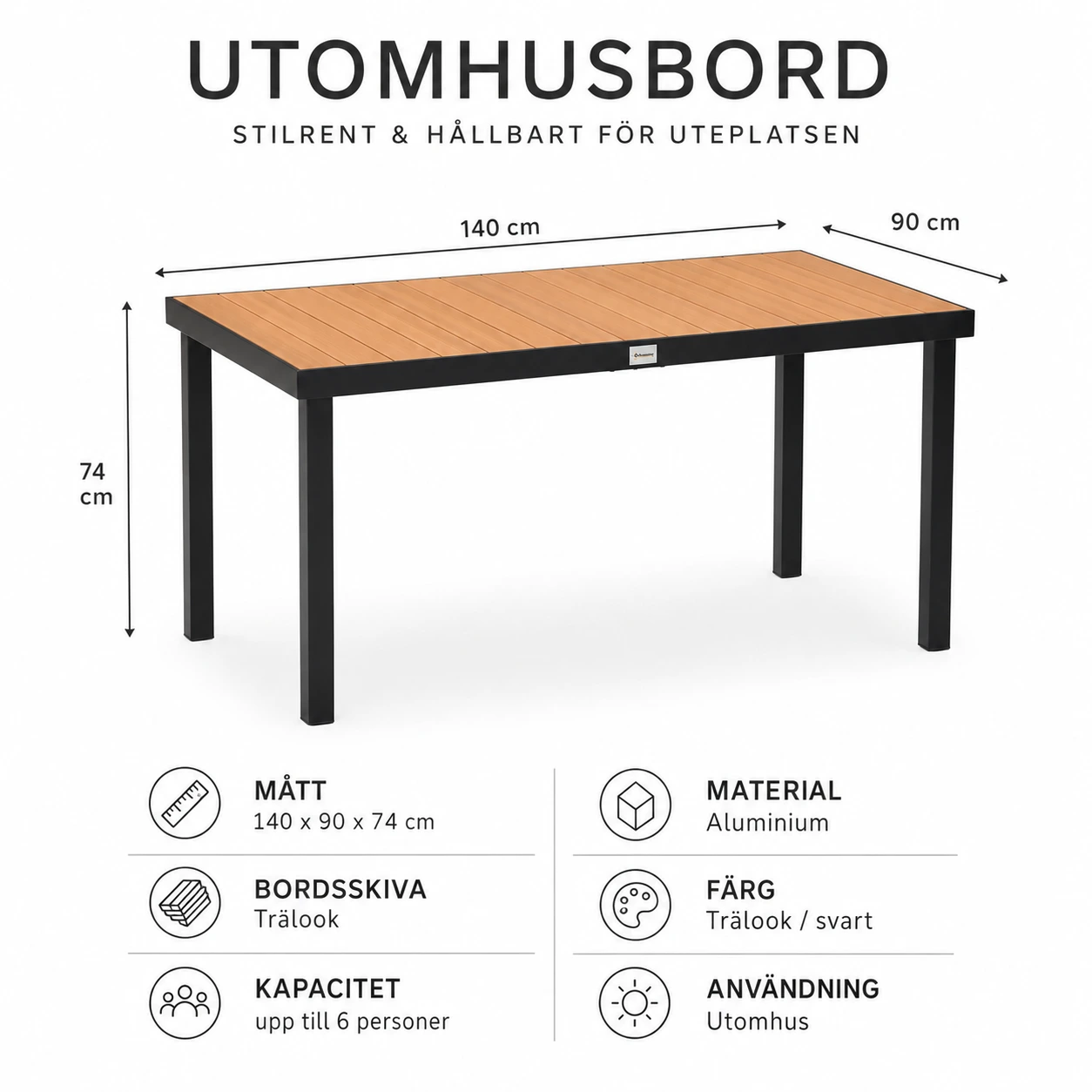 Trädgårdsbord i Aluminium med Trälook 140 cm