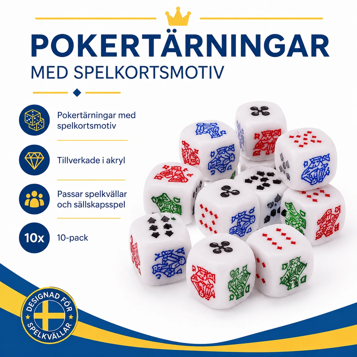 Pokertärningar i akryl för kortspel, 10-pack