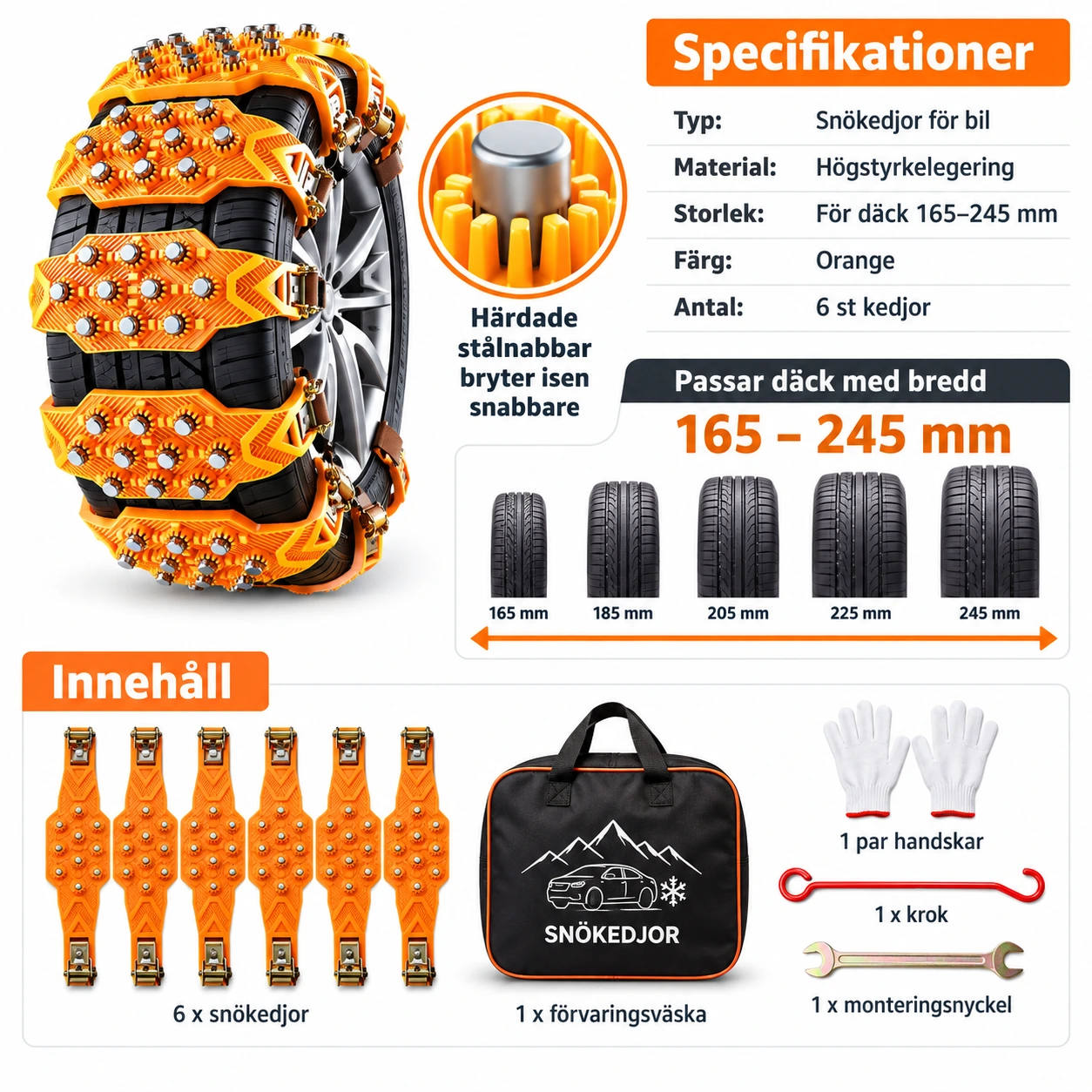 Auton lumiketjut 165–245 mm renkaille, 6 kpl