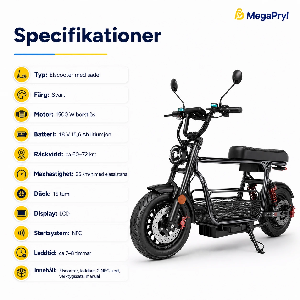 Elscooter med Sadel 15 Tum och NFC, 1500 W, 15,6 Ah