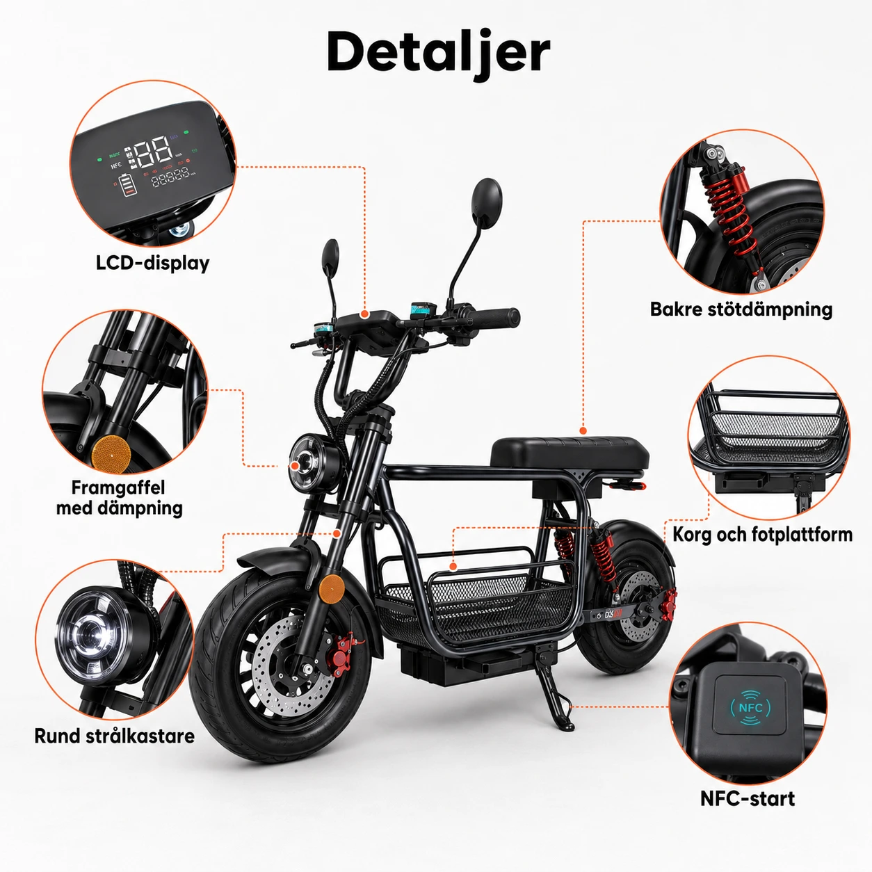 Elscooter med Sadel 15 Tum och NFC, 1500 W, 15,6 Ah