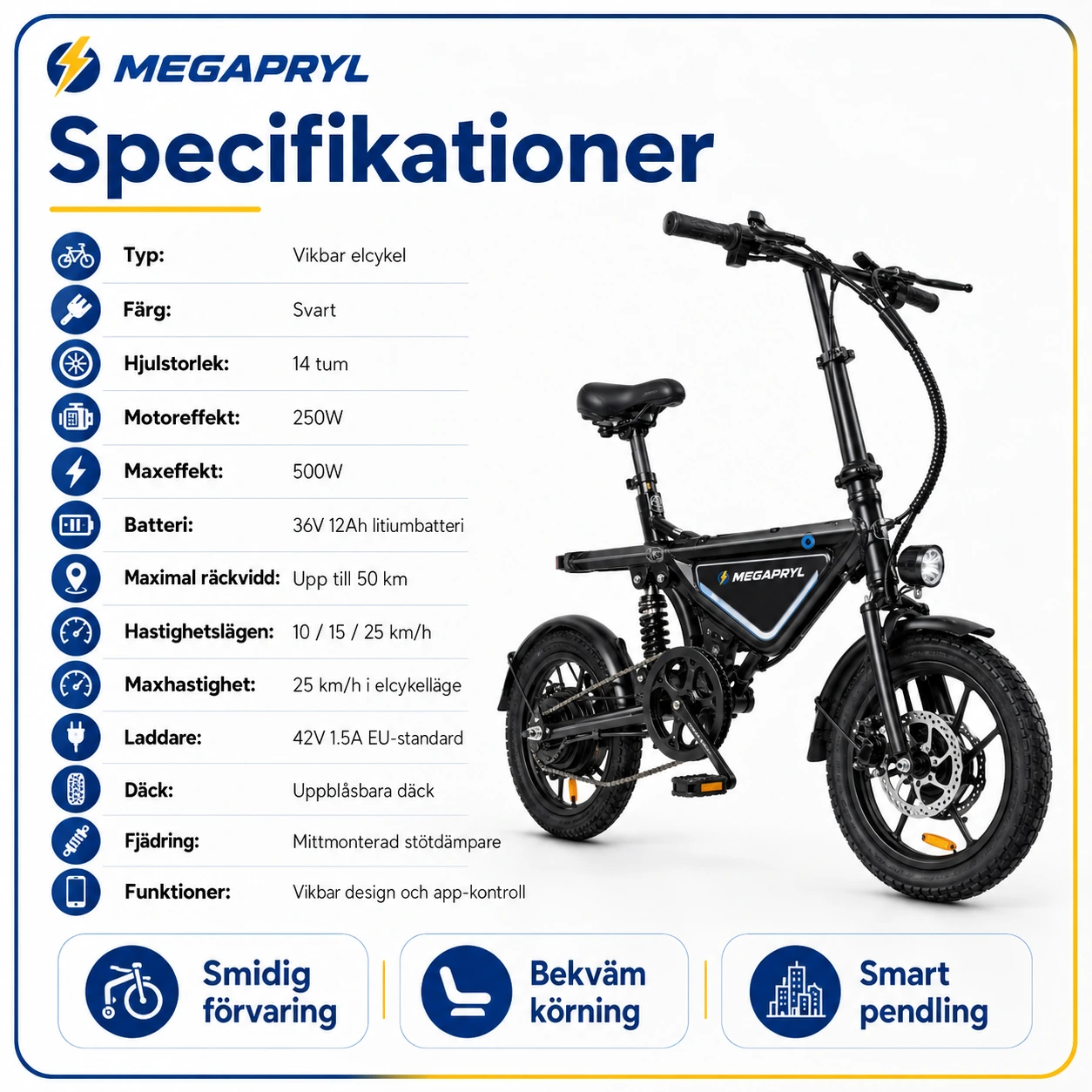 Elcykel 14 Tum med App och Stötdämpare Premium Vikbar