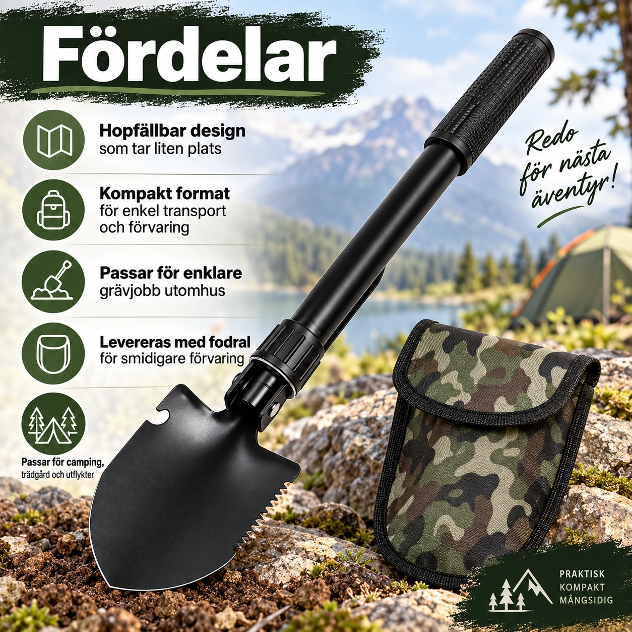 Fällspade för camping och trädgård med fodral