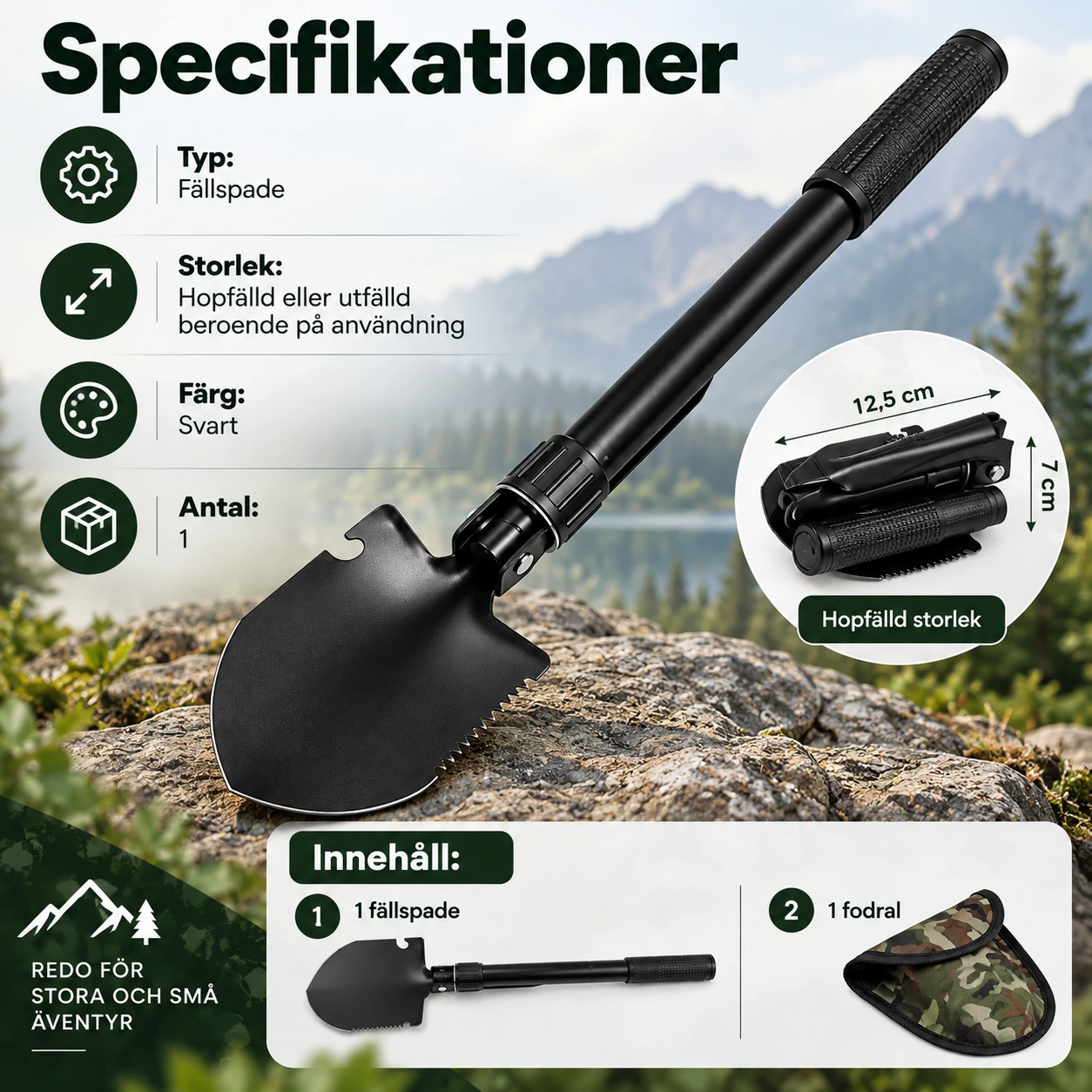 Fällspade för camping och trädgård med fodral