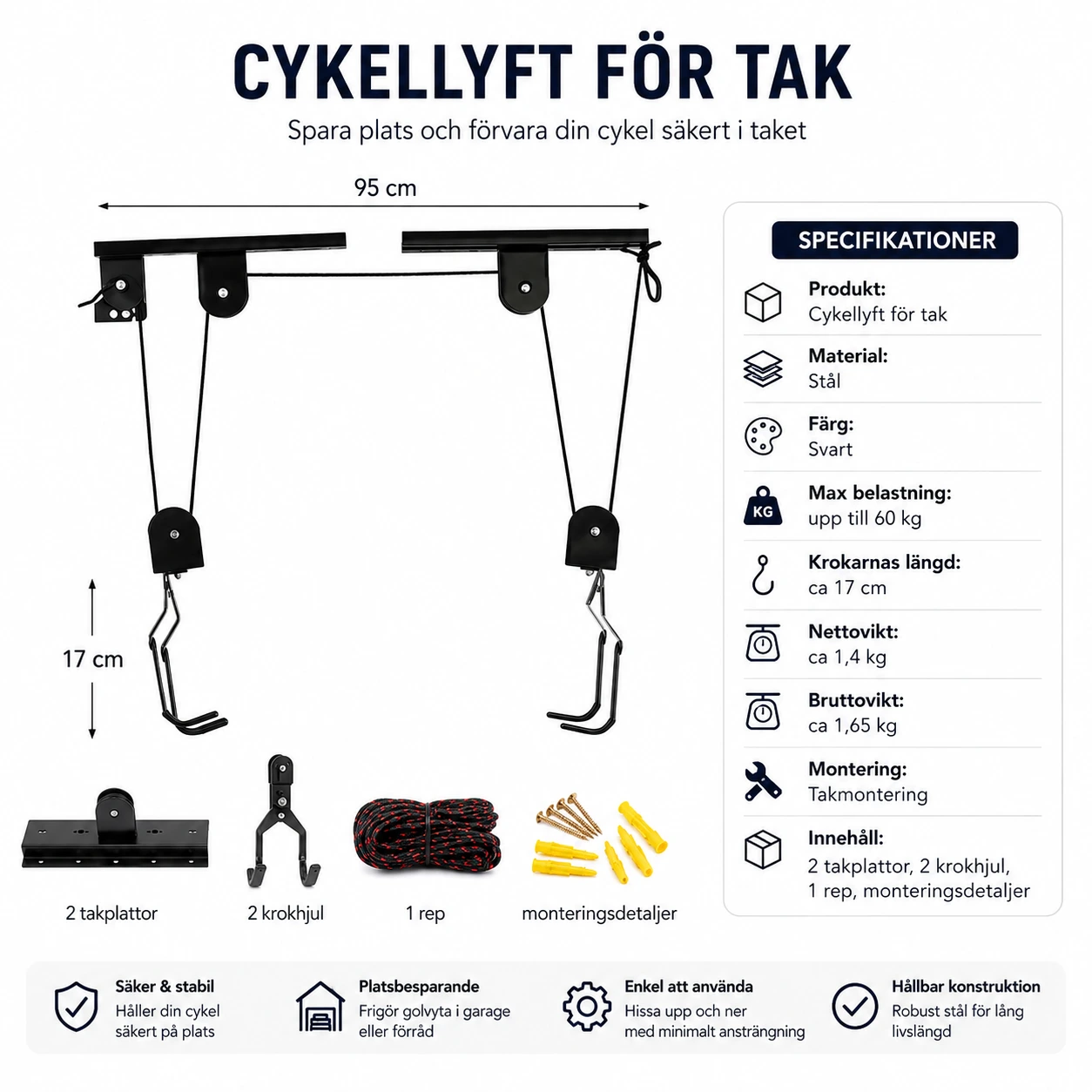 Cykellyft för Tak 60 kg med Vajer och Hållare