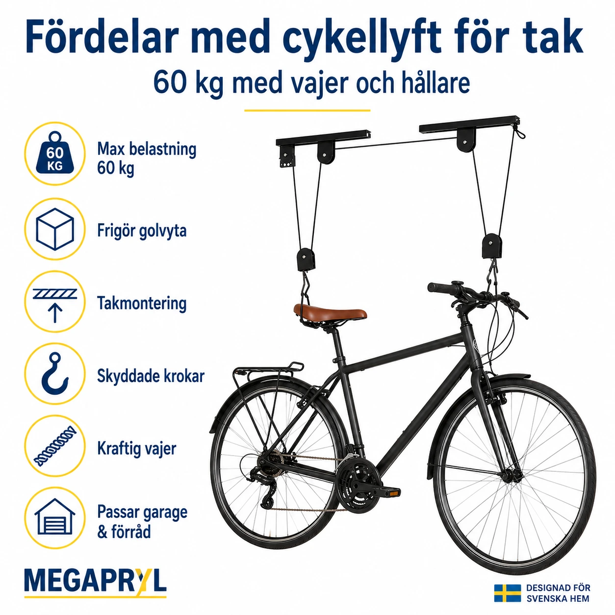 Cykellyft för Tak 60 kg med Vajer och Hållare