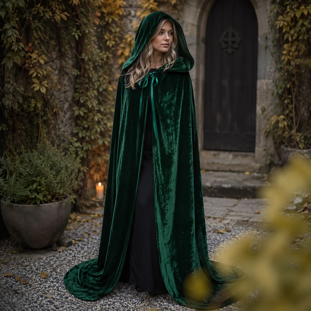 Huvudförsedd sammetskappa för maskerad och cosplay