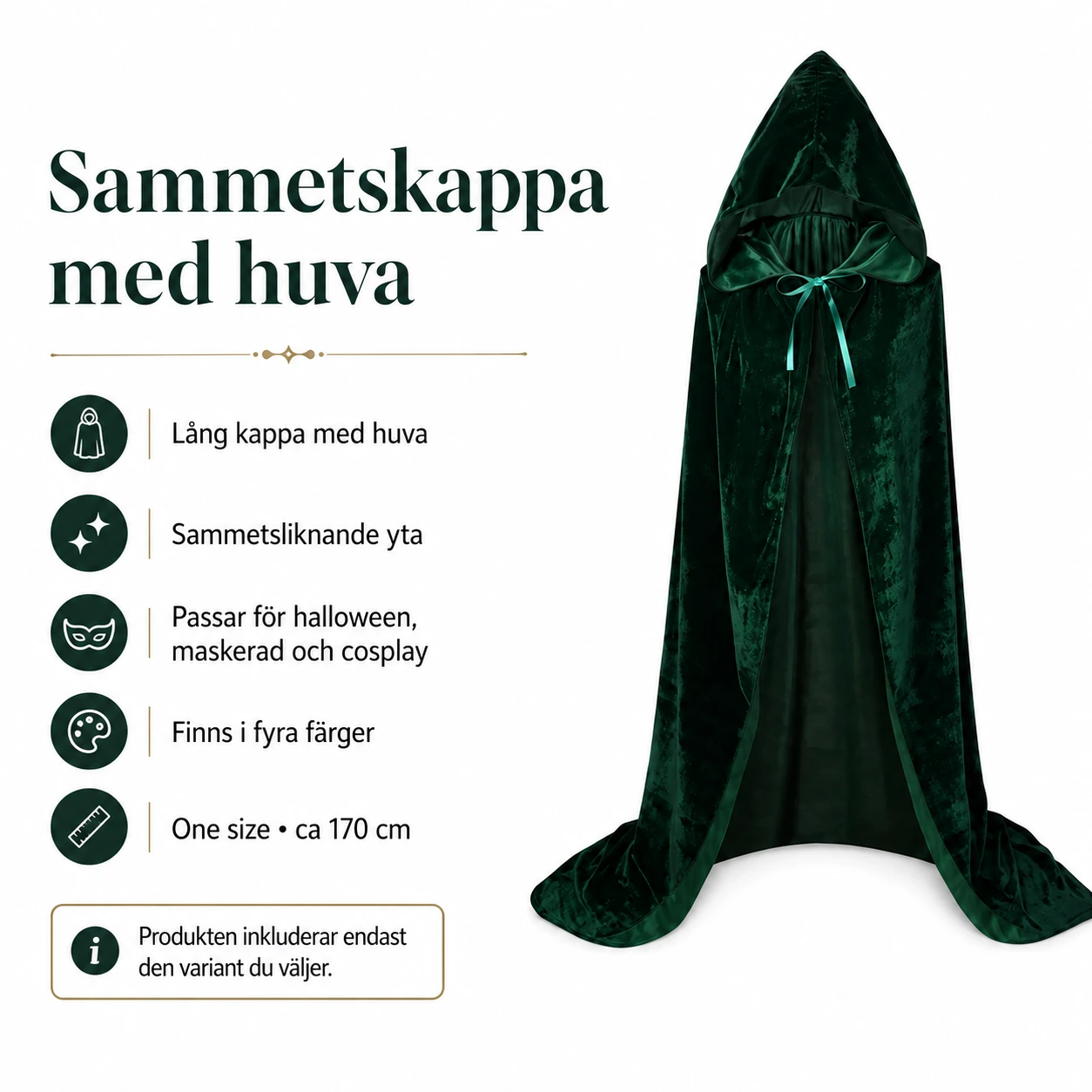 Huvudförsedd sammetskappa för maskerad och cosplay
