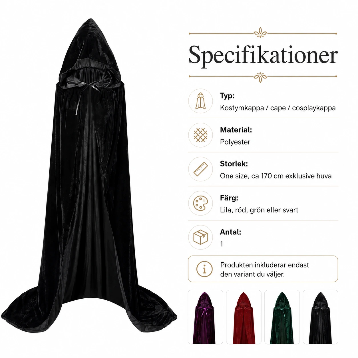 Huvudförsedd sammetskappa för maskerad och cosplay