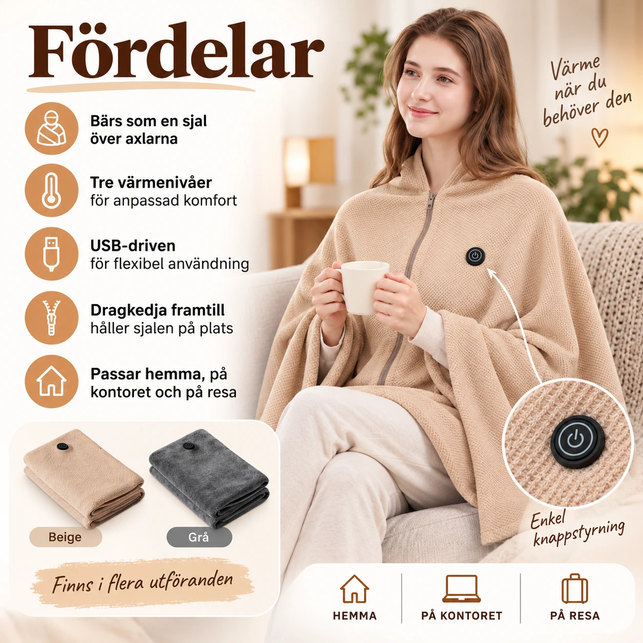 Värmesjal med USB och 3 värmenivåer
